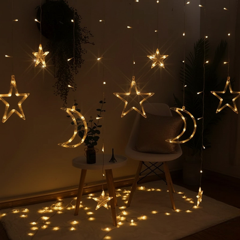 EcoPartyBox® | Solar Powered Star & Moon LED Curtain Lights